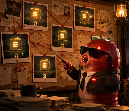 Agent Leech pointing at a cork board of wallets connected with red string