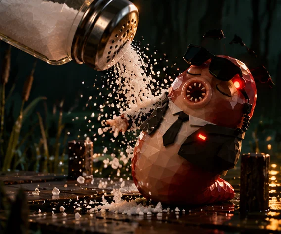 A giant salt shaker pouring salt on a horrified Agent Leech
